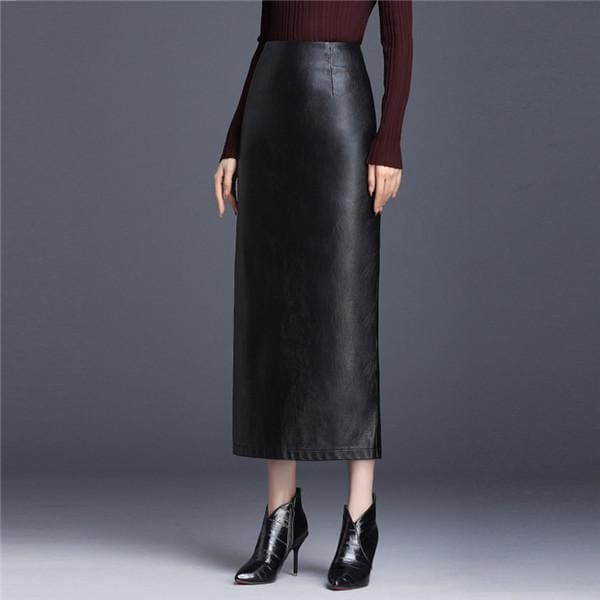 【秋冬人気商品!！緊急SALE!!!】「即納」スカート レディース ロングスカート Aライン PU フェイクレザー スリット ボトムス タイト 体型カバー 大きいサイズ 通勤 着やせ 上品 膝丈
