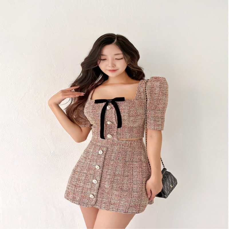 レインボー ツイード リボン半袖 ミニスカート ツーピース セット 12,191円