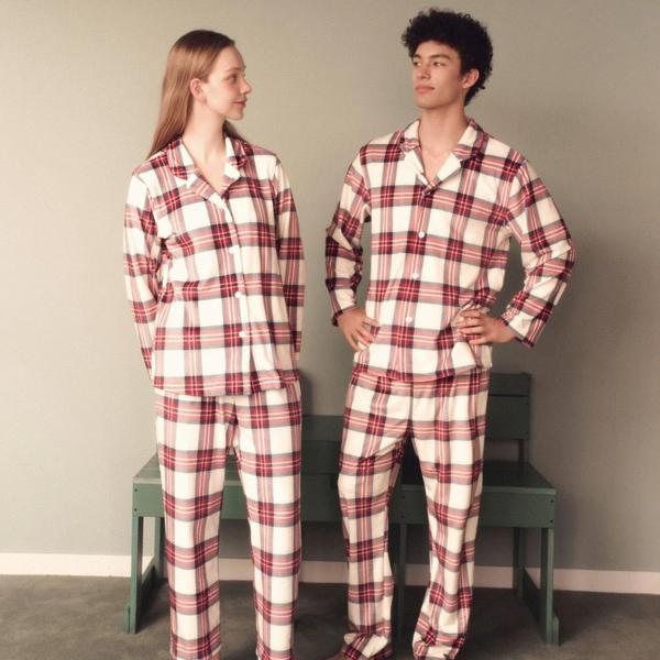 ミンクスパンチェック捺染男性女性カップル上下SEV2473FMSG