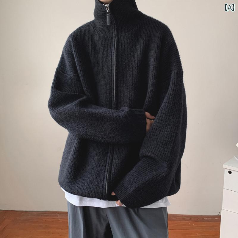 カーディガン メンズ セーター ニット ジッパー ジップアップ タートルネック 秋冬 コート ブラック グレー キャメル