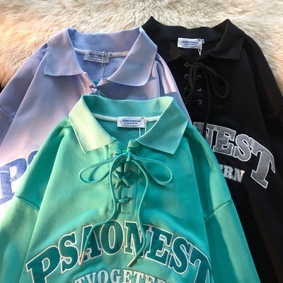 トップス プルオーバー 編み上げ トレーナー ポロシャツ 袖あり 長袖 かわいい シンプル カジュアル おしゃれ お洒落 レトロ 大人可愛い 大人女子 こなれ感 ラフ ルーズ 主役級 フェミニン 秋