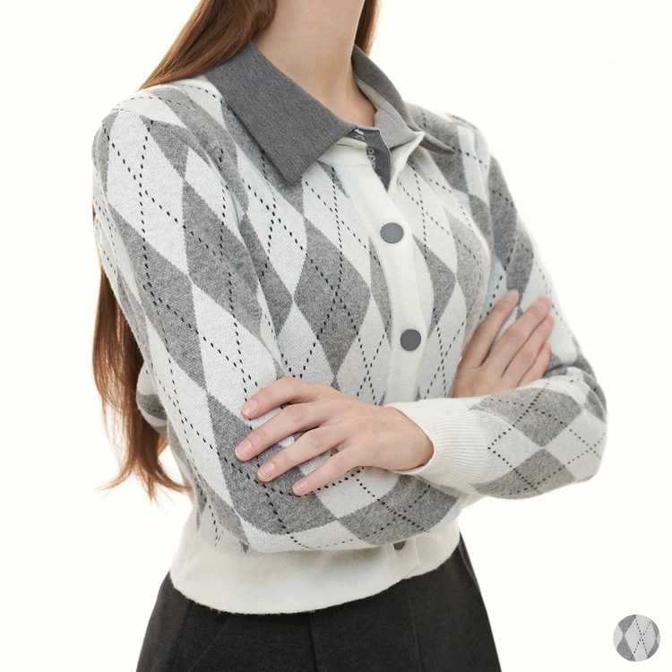 ゴルフウェア カーディガン レディース 韓国 ニット ウール トップス 秋 冬 アーガイル グレー 秋冬 ニットカーディガン 柄