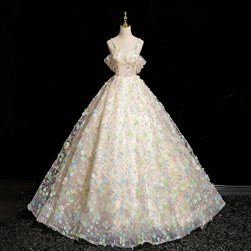 2点購入で割引 フォーマルドレス キャミソールタイプ ブライズメイド ドレス 立体フラワー シャンパン ロング丈 チュール パーティードレス Aライン フレア 結婚式 ワンピース 記念日