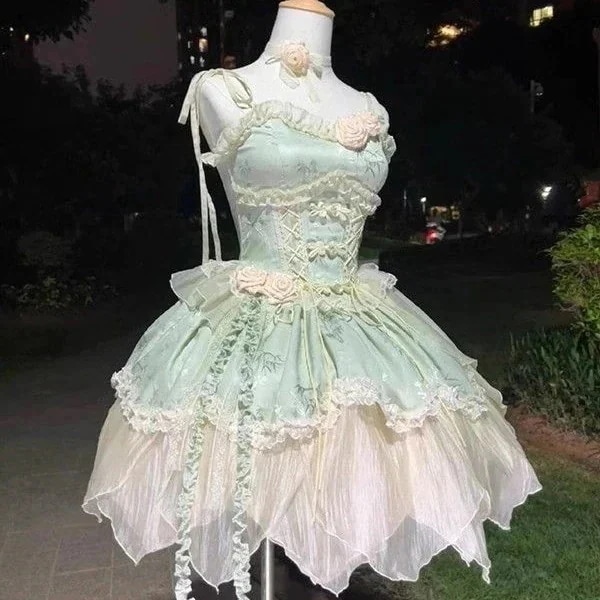 3日出荷 グリーンバレエ風タケノハ柄ワンピース ロリータプリンセスミニスカート コスプレ 春服 レディース