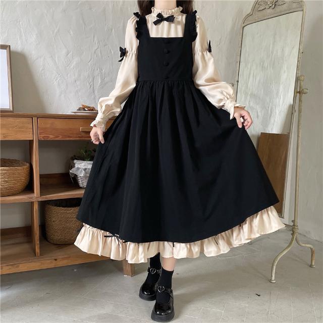 2024 春 ワンピース 春 メイド服 コスプレセット ロリータ メイド服 コスプレ ロリータストラップスカート 長袖 ロングスカート 結婚式 ドレス パーティードレス お呼ばれ 披露宴