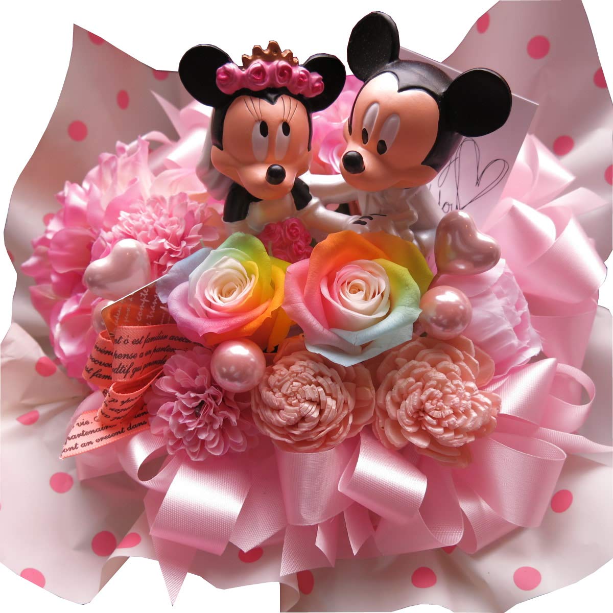 ディズニー 結婚祝い フラワーギフト ミッキー ミニー ウェディング フィギュア入り レインボーローズ プリザーブドフラワー 入り クリアーケース付き ケース20