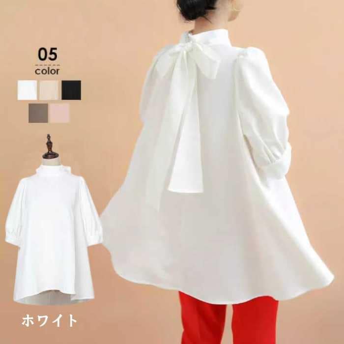 きれいめレディースファッション トップス ワンサイズ バックリボン シフォンシャツ スタンドカラー