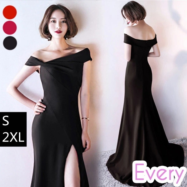 ロングドレス 母親 結婚式 ピアノ 発表会 黒 演奏会 黒 スリット 結婚式 披露宴 マーメイド オフショルダー 肩出し アシンメトリードレス 無地 パーティー ワンピース ドレス 大人 ピアノ 発表