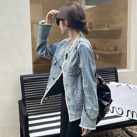デニムブルー レディース ジャケット アウター 上着 デニムジャケット Gジャン 長袖 ラウンドネック 襟なし ポケット 前開き アメカジ かわいい 大人可愛い カジュアル おしゃれ レトロ こなれ感