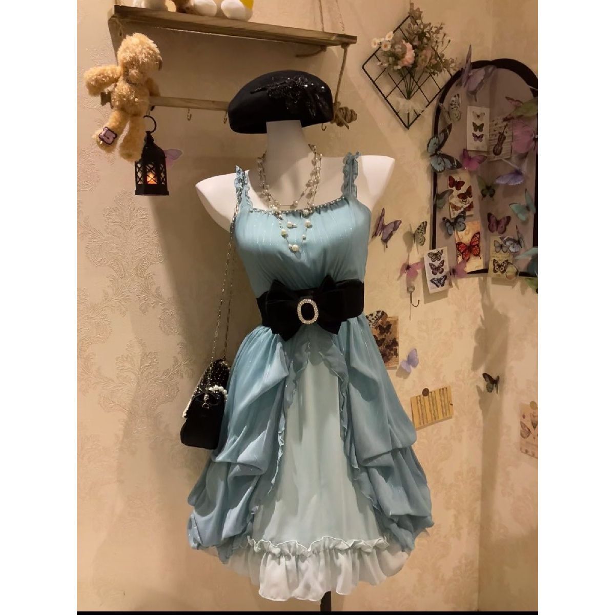 昭和蝶閃 レトロフレンチワンピース 初恋スイートプリンセスドレス バースデードレスフリルミニスカート