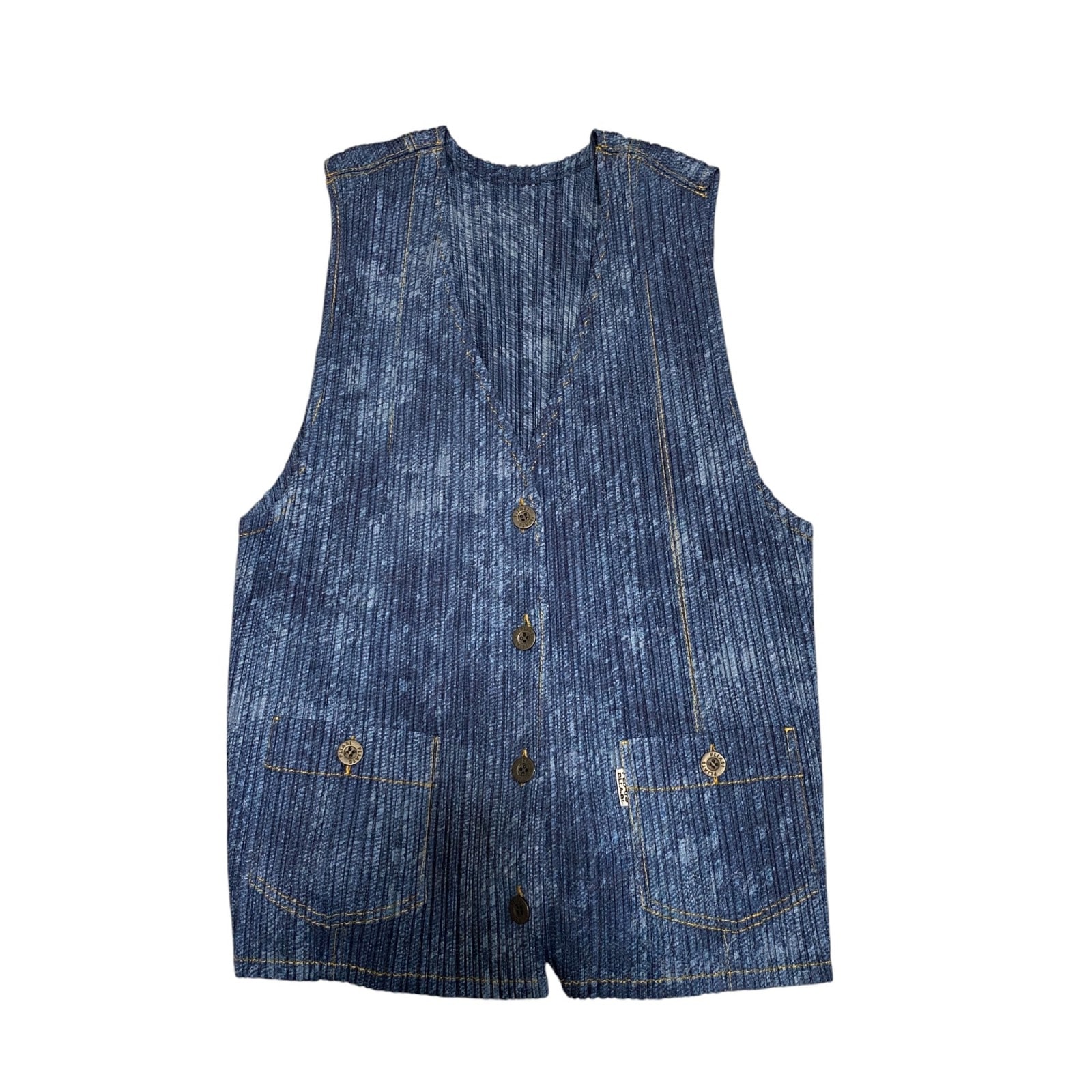 美品 イッセイミヤケ ISSEY MIYAKE メンズ プリーツ ベスト デニム柄