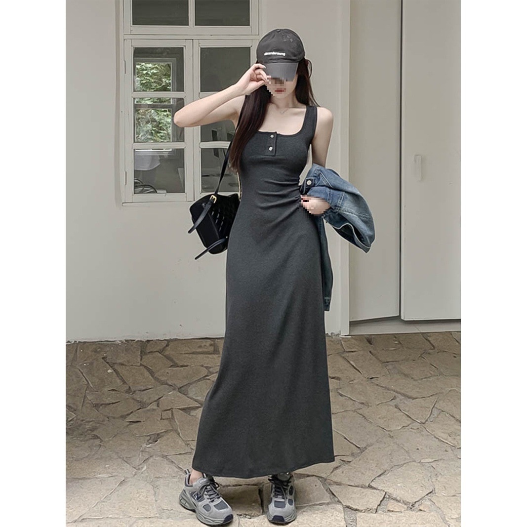 キャミソールレディースプラスサイズドレストールスクエアネックロングスカート2024夏スリムフィット