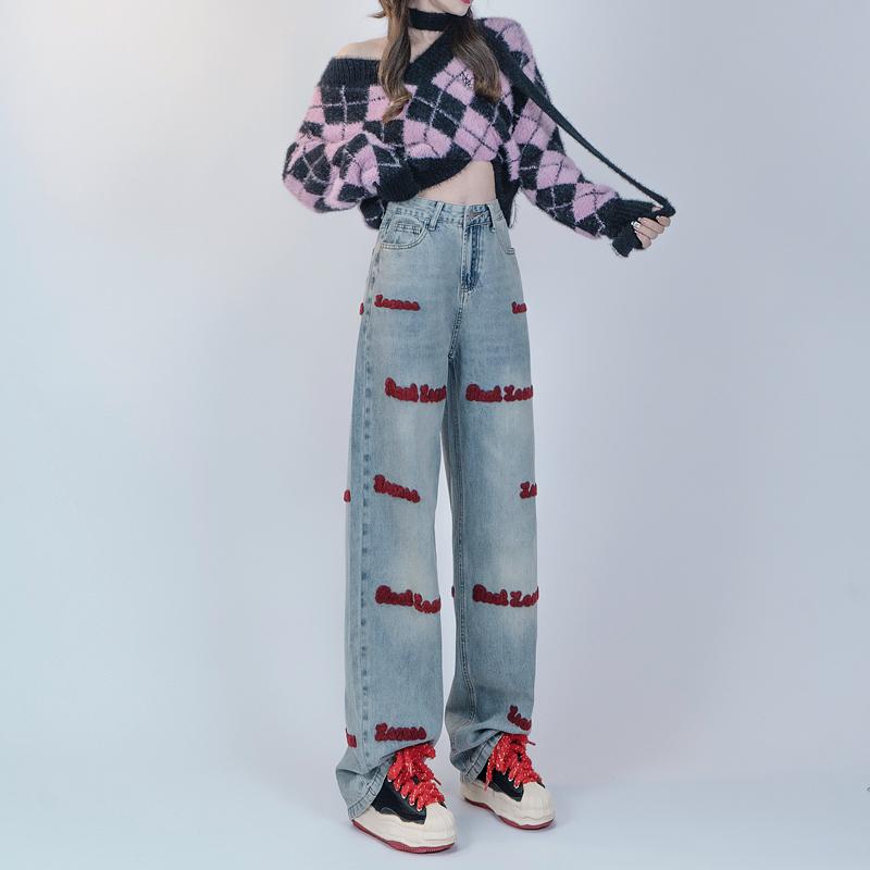 デニム パンツ ボトムス レディース 刺繍 ジーンズ 大きいサイズ ハイウエスト スリムフィット アメリカン レトロ ストレート ワイドパンツ 青