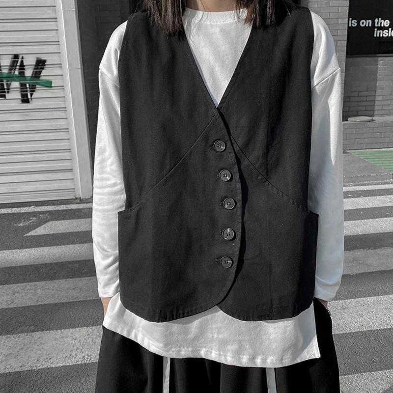 黒のレトロなVネックベストレディース春新しいルーズマッチングジャケットコートファッションノースリーブベストレディースカジュアルルーズオールマッチレディースベストベスト