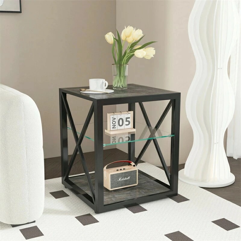 高品質 1点 モダンサイドテーブル 寝室・リビング用 強化ガラス天板×ウッド調MDF インダストリアルスタイル エンドテーブル 9,333円