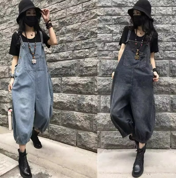 レディース パンツ サロペット オーバーオール デニム クロップドスカート 9分丈 ノースリーブ ストレート オーバーサイズ 裾ゴム ブルーデニム かわいい 大人可愛い シンプル カジュアル おしゃれ