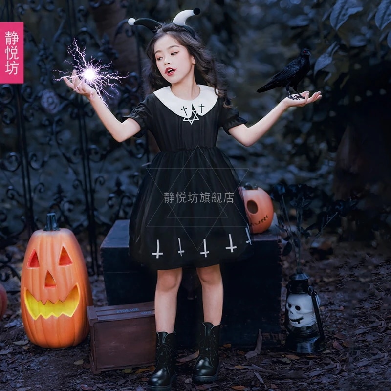ハロウィン子供服日本のロリータ少女ロリータゴシック小悪魔クロス六芒星半袖ドレス
