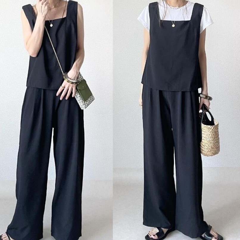 【人気上昇中】 韓国系ファッションスクエアネックノースリーブトップス+ハイウエスト無地パンツセット