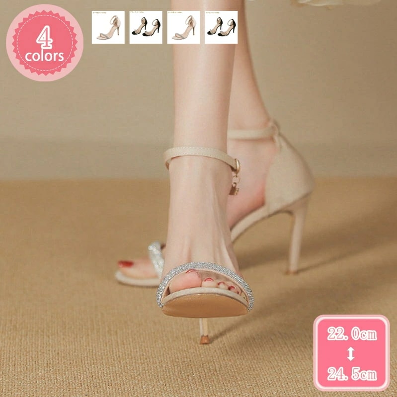1000円OFFクーポン ラインストーン アンクルストラップ サンダル ハイヒール 8cmヒール 大きいサイズ オープントゥ パンプス ストラップサンダル ピンヒール レディース 靴 夏 おしゃれ パ