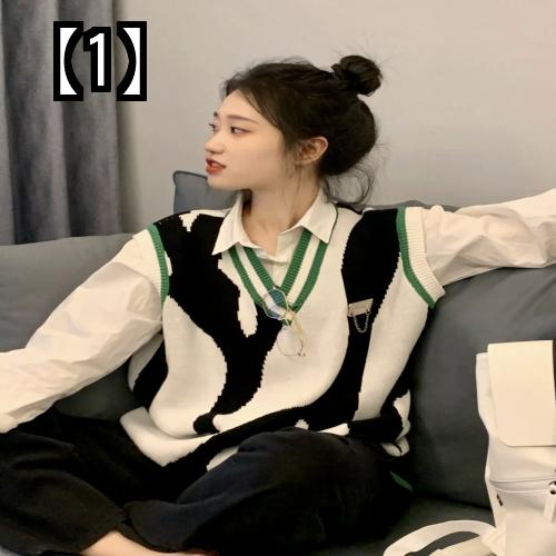 ニット ベスト レディース セーター ゼブラ柄 トップス 韓国 おしゃれ vネック かわいい 白 黒 重ね着