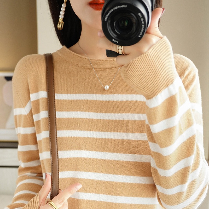 秋と冬の長袖コットンニットセーターレディースセータープルオーバールーズストライプインナーレイヤードフ ニット 秋と冬の長袖コットンニットセーターレディースセータープルオーバールーズストライプインナーレイヤードフ ニット