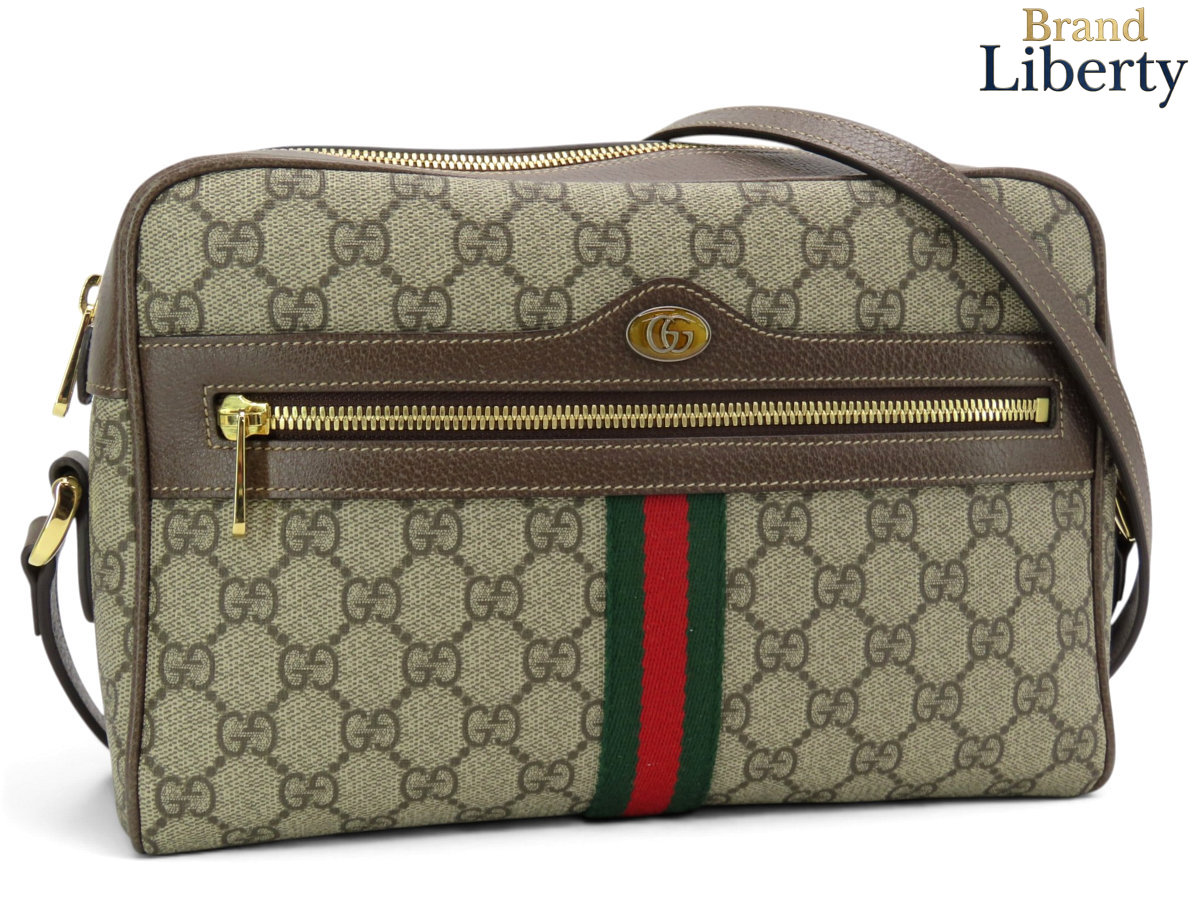 新品同様グッチGUCCIオフィディアシェリーラインGGスプリーム斜め掛けショルダーバッグポシェットシェリーカラーベージュダークブラウンPVCレザー517080