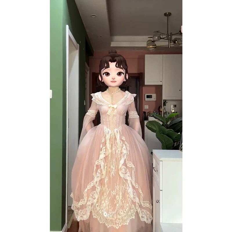 レースピンクトランペットスリーブフェアリーフィッシュボーンドレス春夏メッシュプリンセスドレス