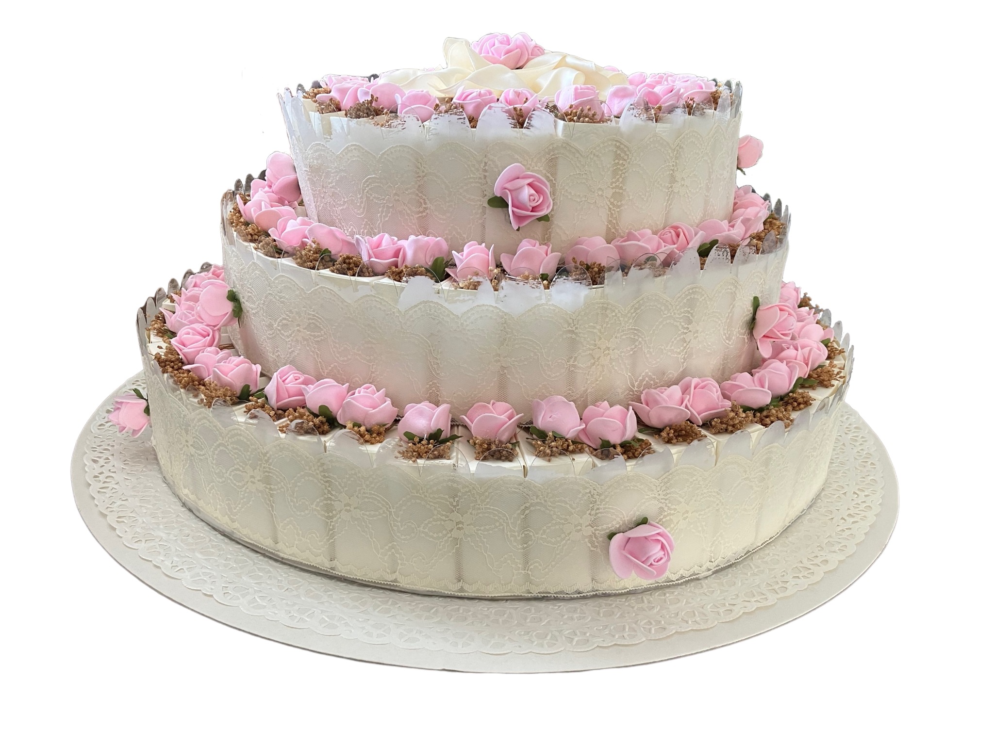 結婚式プチギフト用　ペーパーウェディングケーキ３段型　紙バッグ１０５個セット(ピンク)