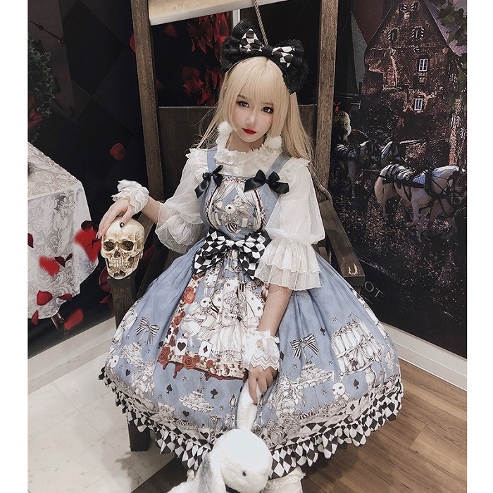 ロリータ ワンピース オリジナル ゴシック キャミワンピ 不思議の国のアリス レトロ 可愛い アリス ブラックアリス jsk ゴスロリ ゆめかわいい モノトーン チェック 幻想的 おとぎの国 甘ロリ