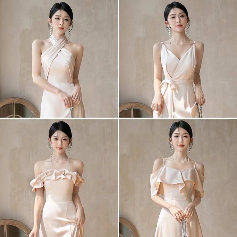 【送.料.無.料.急速発送】シャンパンカラーサテン2025ドレス 演奏会 ウェディング 発表会 成人式 二次会 お呼ばれ