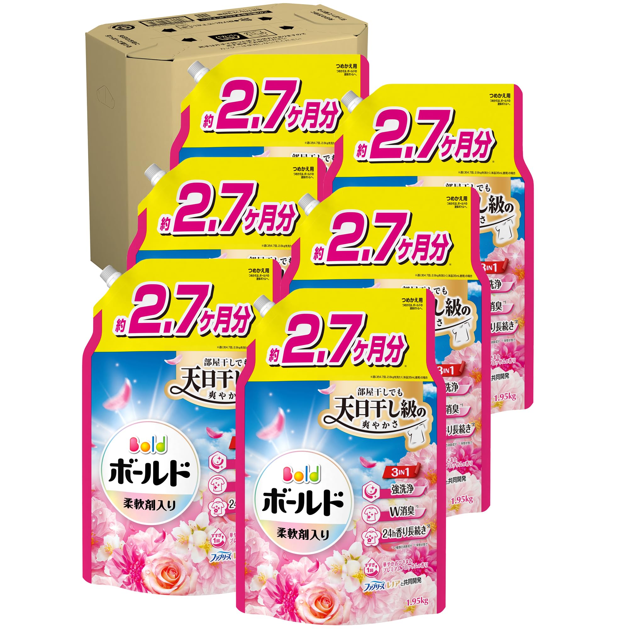 【全国送料無料】 Bold ボールド 柔軟剤入り 洗濯洗剤 液体 華やかおひさまとプレミアムブロッサムの香り 詰め替え 1950g×6袋 [大容量] [ケース品]