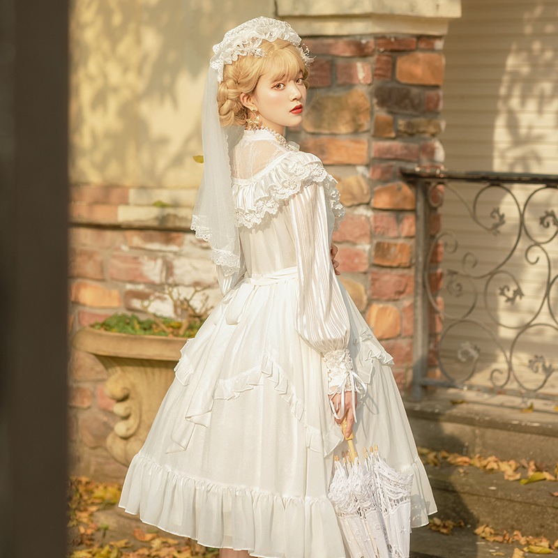 ドレス 膝下 袖あり 長袖 ランタンスリーブ ラウンドネック 襟付き フレア Aライン レース シフォン フリル リボン ハイウエスト 透け感 2点セット かわいい 大人可愛い 上品 おしゃれ