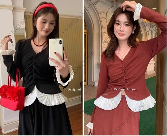 フレンチレトロフリル長袖ワンピースセット-99