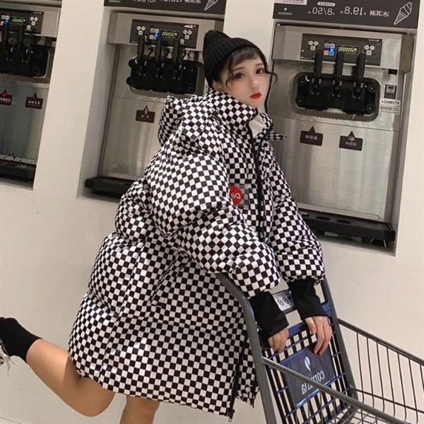 アウター フード ビッグシルエット コート 中綿 チェック ロング丈 ブラック ピンク レディース