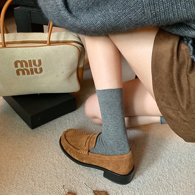 羊皮版~英伦一脚蹬圆头低跟通勤真皮乐福鞋单鞋女懒人厚底小皮鞋