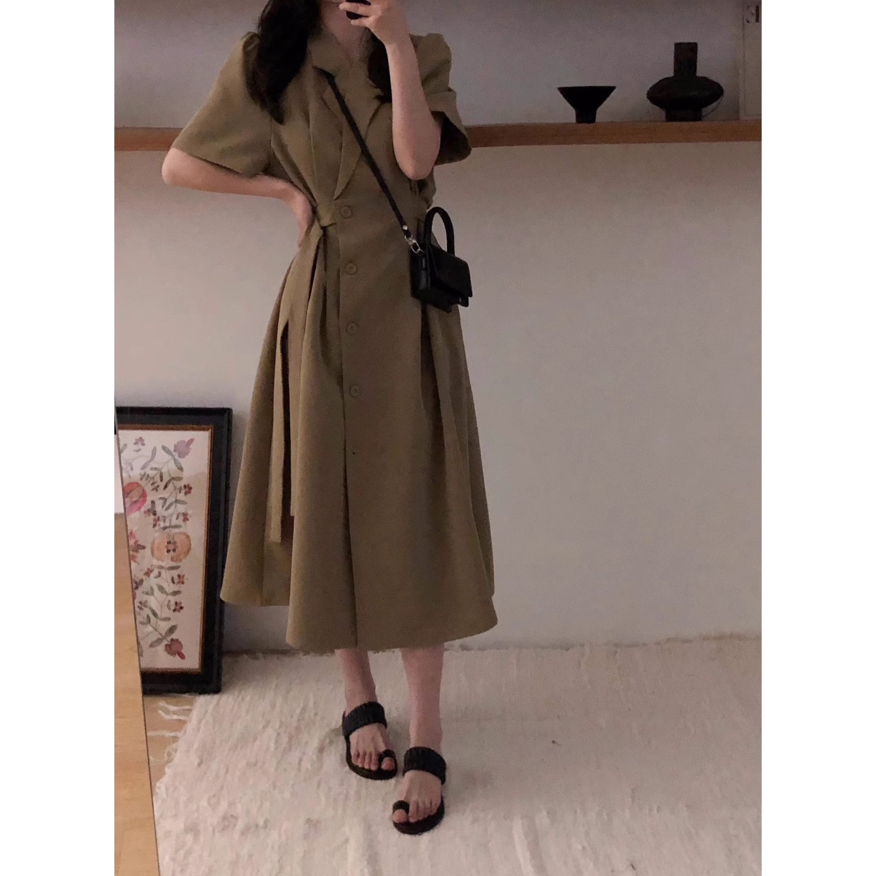 2024春夏通勤気質プロフェッショナルスーツドレススーツ襟パフスリーブシングルブレストミディ丈スカート