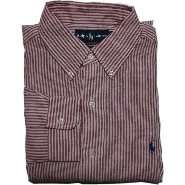 長袖 ワンポイント ボタンダウンシャツ リネン 麻 レッド PR2-607