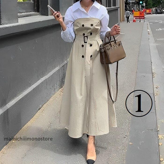 中学生 高校生 レディース ファッション 韓国 ブラウス ドッキング ワンピース ウエストベルト ロング丈 長袖 秋春 通学 カジュアル 10代 20代 おし