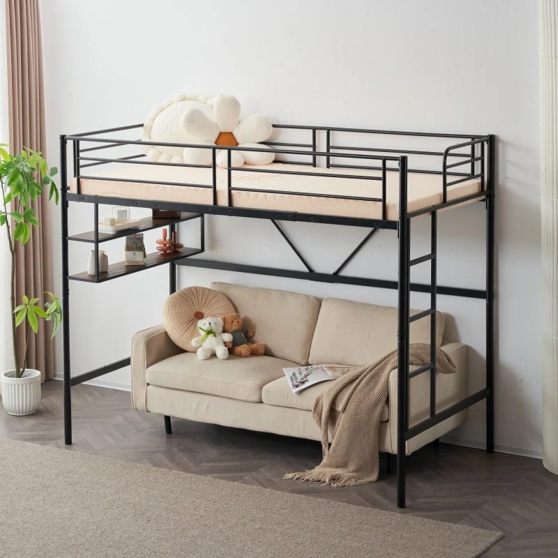 ロフトベッド パイプベッド サイド棚付き シングルベッド 木 収納 北欧風 子供部屋スチール 耐震 一人暮らし 大人/子供ベッド システムベッド 揺れ防止 頑丈