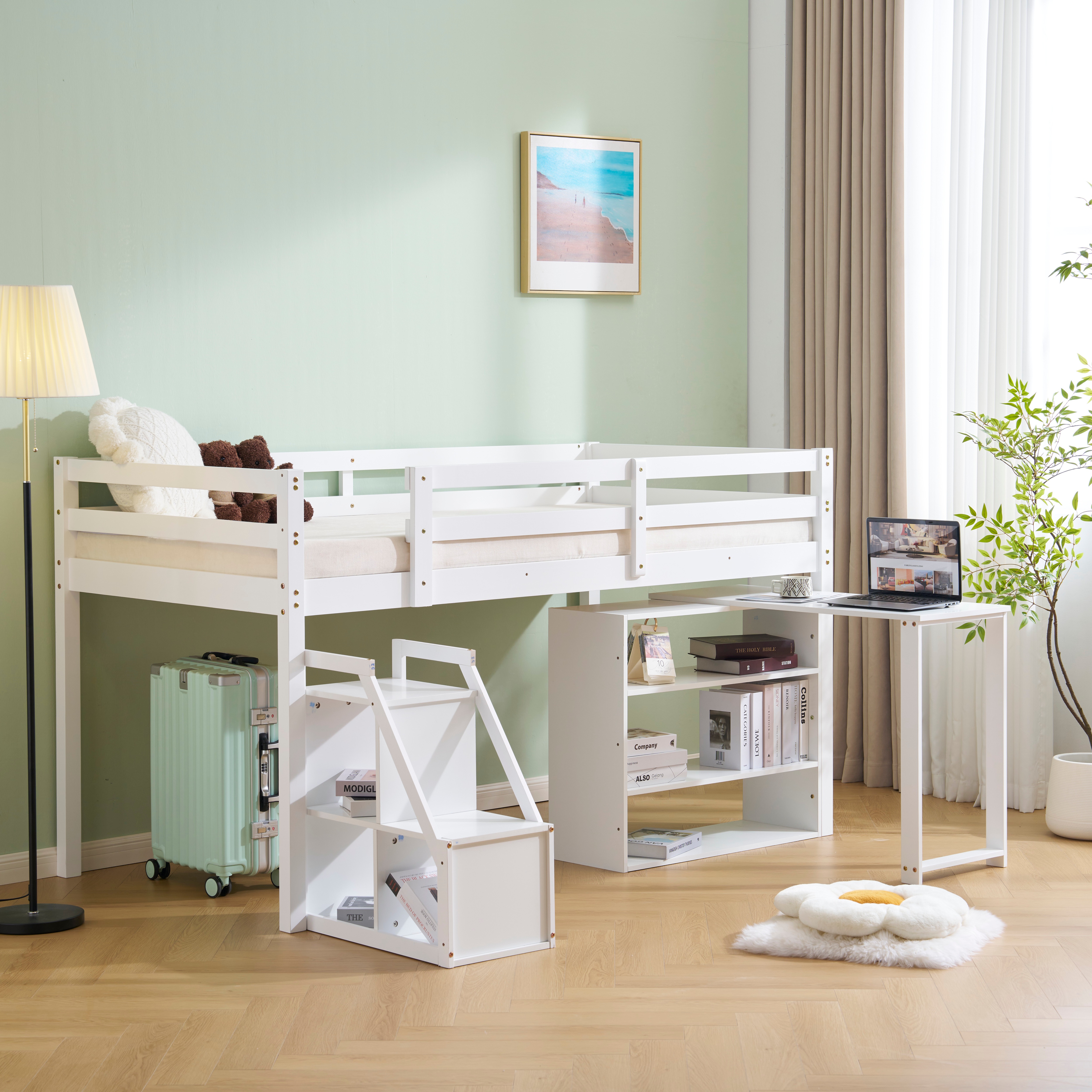 210【新作】システムベッド デスク＋収納ラック＋階段 システムデスクベッド 学習机 ロータイプ 高さ115cm すのこ シングル 本棚 収納 ブックシェルフ ロフトベッド システムベッド 子供ベッド