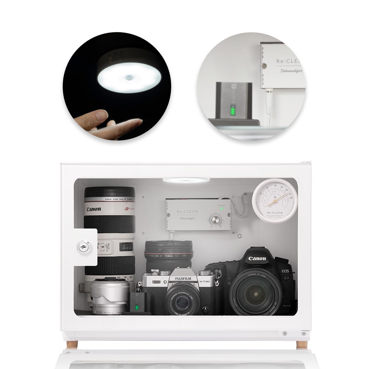 リクリーン 防湿庫 日本製アナログ湿度計 5年保証 ドライボックス カメラ収納ケース カビ対策 鍵付き (ホワイト, 25リットル (上位モデル))