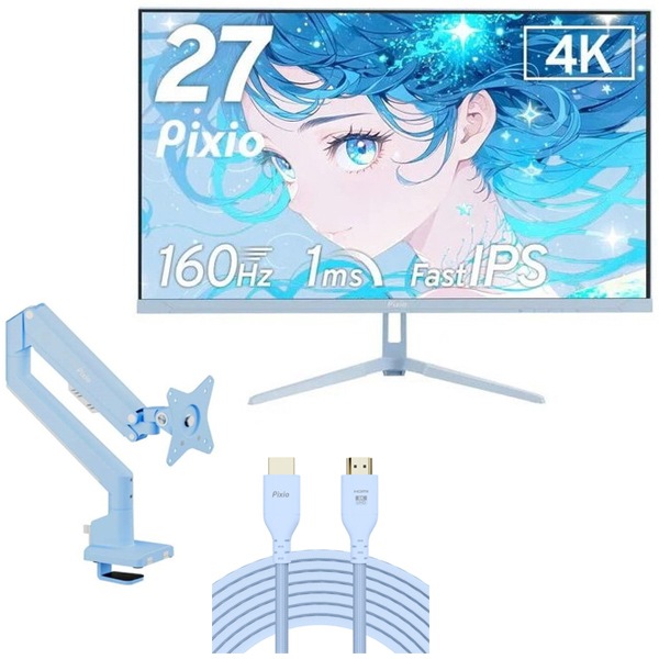 Pixio PX27UWAVEB-PW パステルブルー 27型 4Kゲーミング液晶ディスプレイ + 3関節モニターアーム (1画面) + HDMI2.1ケーブル 2m セット