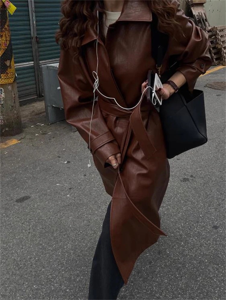 韓国ファッション 秋 レトロ デザインセンス 襟を正す 一列ボタン ゆったりする 気質 長袖 中長セクション pu皮のパーカー コート トレンチコート ダスターコート