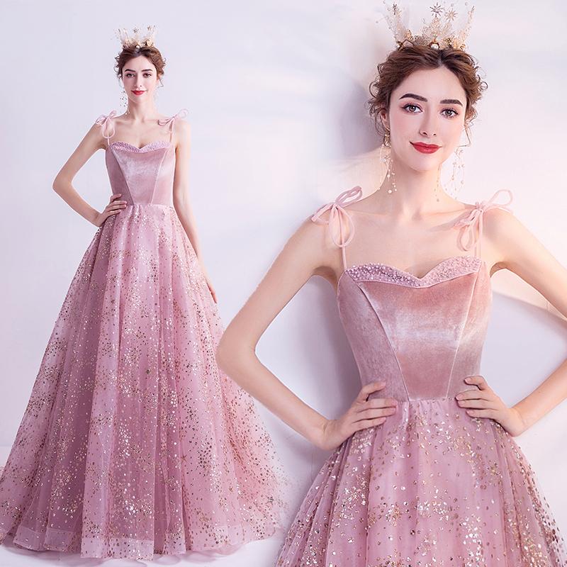 ロングドレス 結婚式 パーティードレス ウエディングドレス 可愛い ピンク ベルベット カラードレス キャバドレス ステージ 卒業式 演奏会 同窓会 発表会 成人式