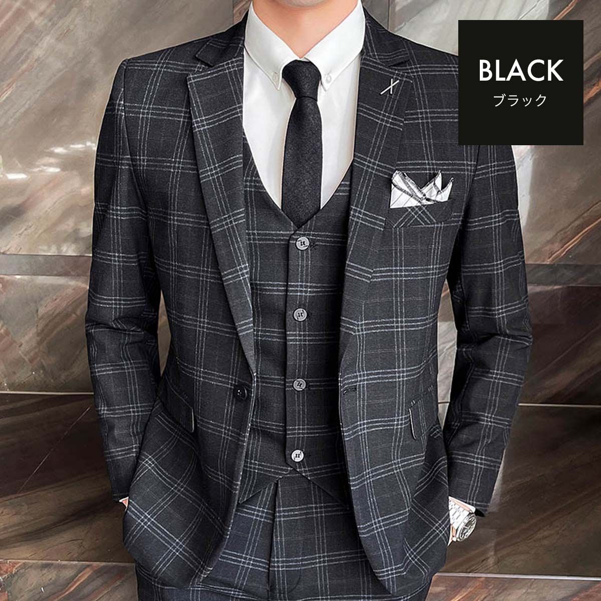 入学式スーツセットアップ3ピーススーツスリーピーススーツスリムlスーツメンズビジネス紳士服チエック柄1つボタンシングルウォッシャブル洗える細身ベスト3点セット通勤就職入社式卒業式宴会オールシーズンM