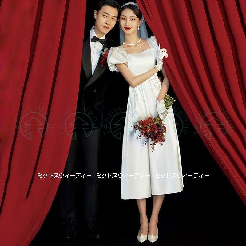 ウェディングドレス 花嫁 二次会 ウエディングドレス 結婚式 ミモレ丈ワンピース サテン 半袖 前撮