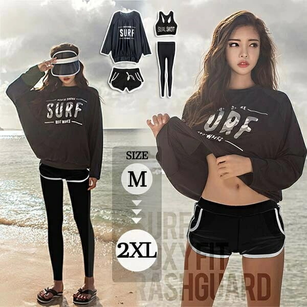 【スマホ防水ケース贈り物】フィットネス水着 服みたいな レディース タンキニ 体型カバー 長袖 ショートパンツ UVカット セットアップ 日焼け対策 大人 お洒落 韓国風 着痩せ ブラック 20代 3