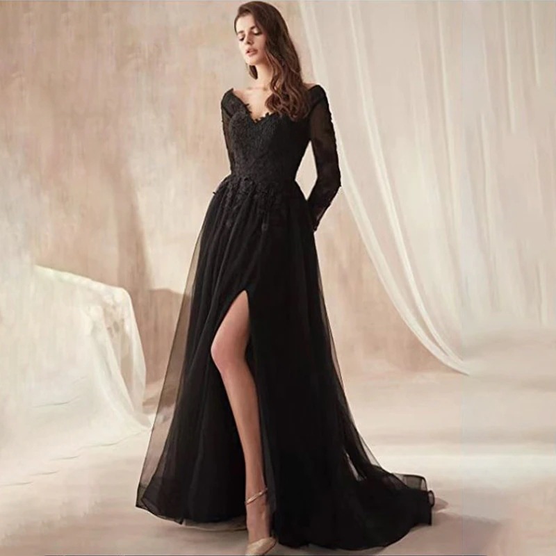 ドレスブラックVネック2024夏宴会ホストスリムエレガントセクシーロングドレススカート 6,643円