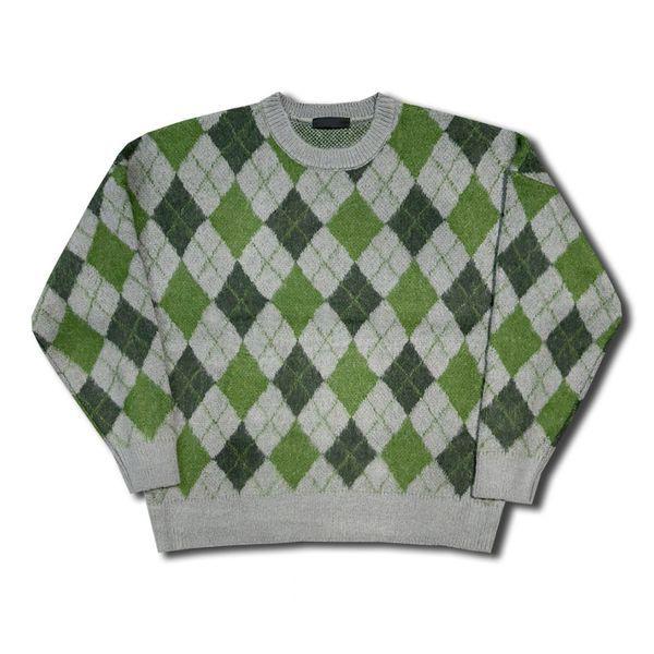 メンズ秋アーガイル柄ラウンドニット OF KN Q013 グリーン_P409230337