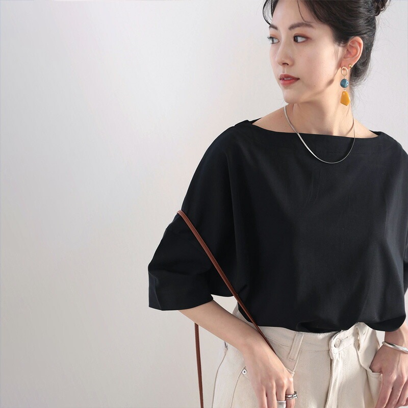 レディース トップス カットソー Tシャツ 半袖 5分袖 ボートネック 襟なし ノーカラー スリム 細身 フェミニン かわいい 大人可愛い きれいめ シンプル カジュアル 上品 おしゃれ こなれ感